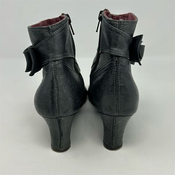 Women's Blue Gray Leather Heeled Ankle Boots Size 38 Bow Detail Ruched - Picture 8 of 14